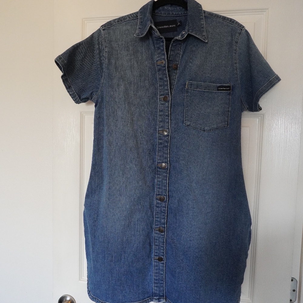 Calvin Klein Blue Denim Button Down Short Sleeve Dress (Size L) 064